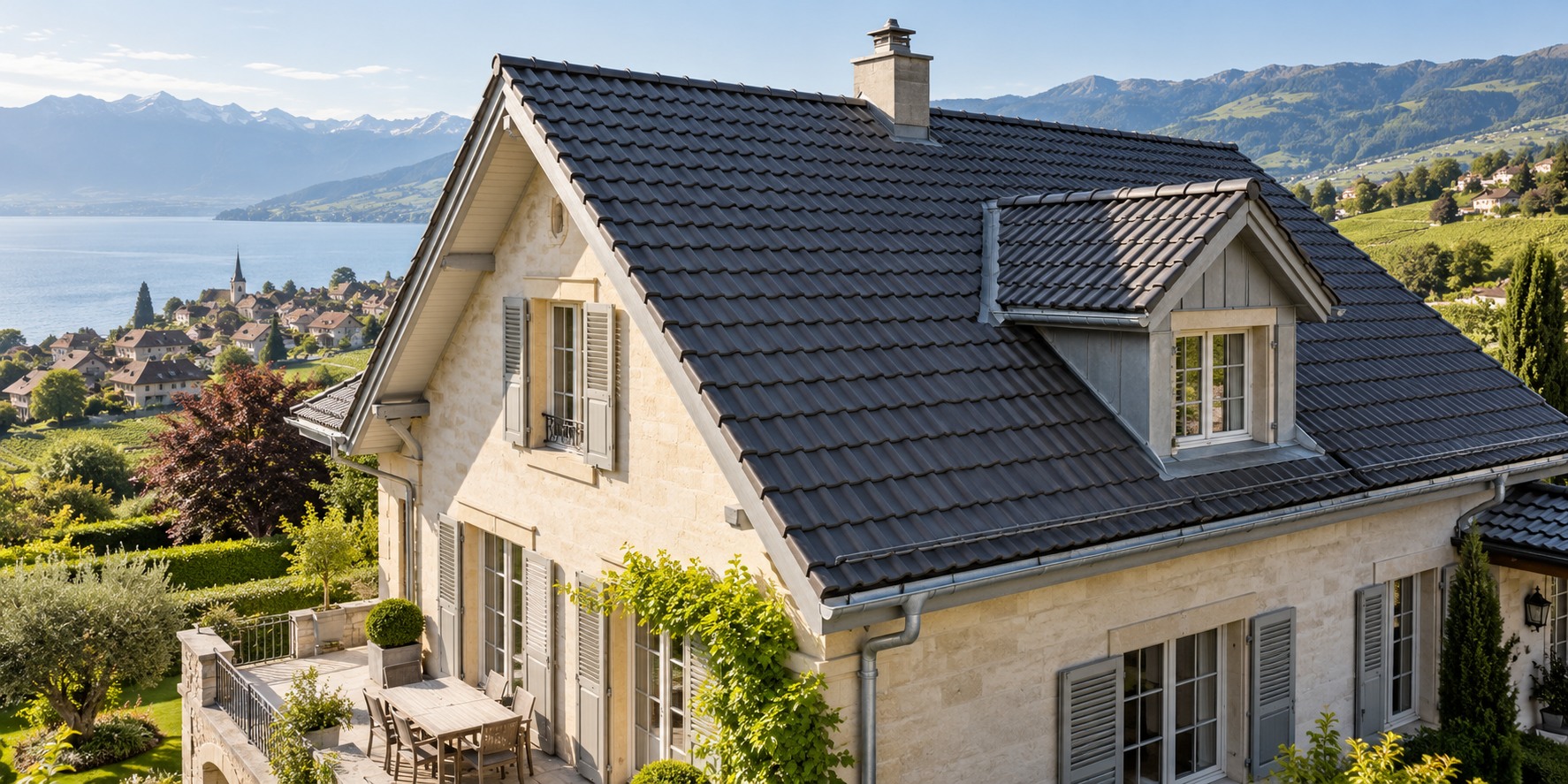Maison suisse avec toiture en tuiles et finitions métalliques. Visuel d’illustration.